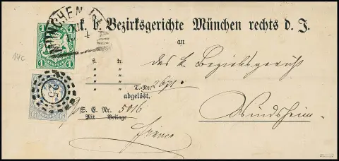1 Kr. bleu-vert foncé avec HK "München Vst. Au", le 6 Kr. bleu clair avec oMR "25", les deux parfaits, sur lettre de justice préimprimée, signé Pfenninger