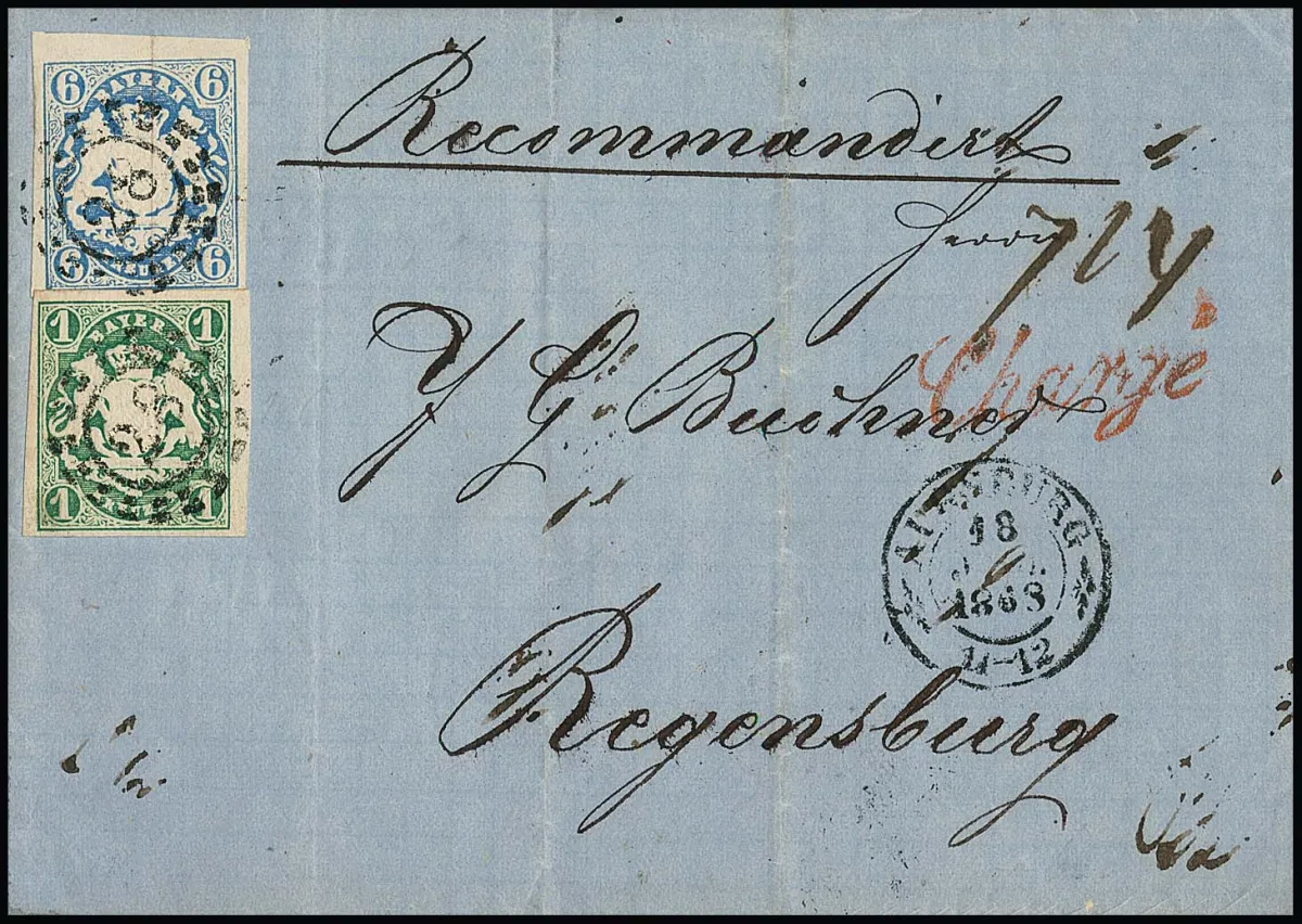 1 Kr. dark blue-green and 6 Kr. blue, cabinet pieces with oMR "28" and K2 "Augsburg" on multiple folded registered letter to Regensburg