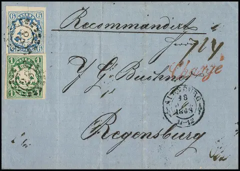 1 Kr. bleu-vert foncé et 6 Kr. bleu, pièces de cabinet avec oMR "28" et K2 "Augsburg" sur lettre chargée multiplement pliée pour Regensburg