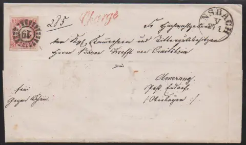 3 Kr. rose, pièce de cabinet sur lettre chargée de noblesse intérieure pliée à adresse décorative d'Ansbach (oMR "19") à Amerang, Post Endorf