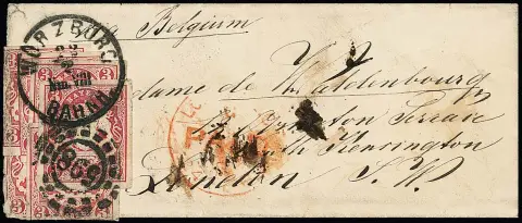 3 Kr. rose, six exemplaires en très curieuse "franchise en escalier" (superposés faute de place) sur mini-enveloppe de dame de Würzburg à Londres. Nécessairement quelques timbres défectueux, unicum sous cette forme