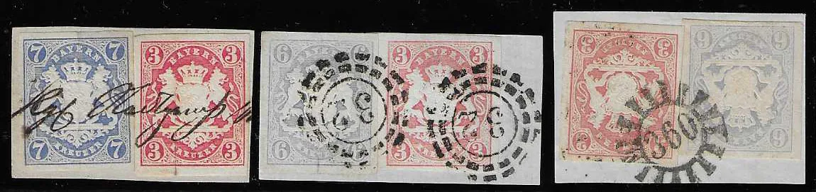 3 Kr. pink and 6 Kr. light blue, three letter pieces each with multicolored frankings, as well as superb letter 1 Kr. green with 6 Kr. blue