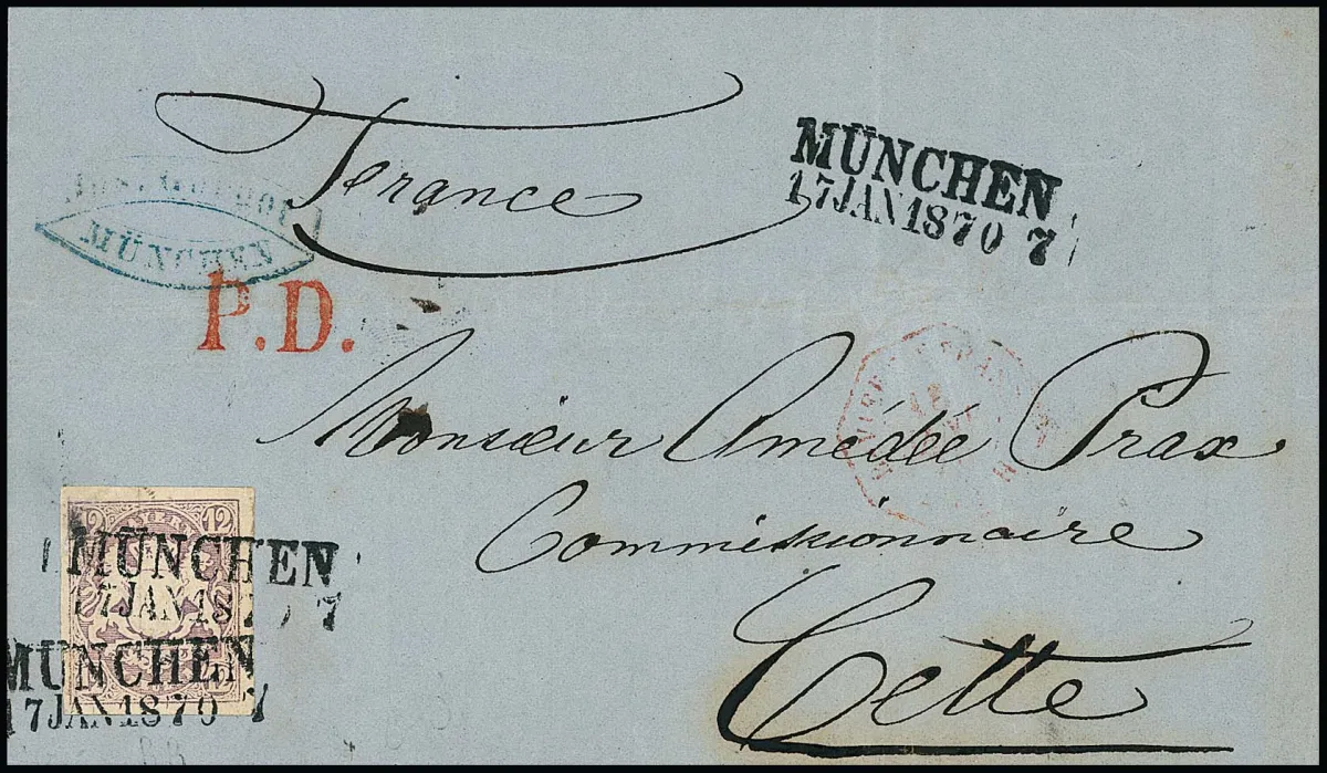 12 Kr. purple single on letter front (small flap part on reverse) with L2 "München" 1870 to Cette/France, top left corner small repair, photo exp. Schmitt
