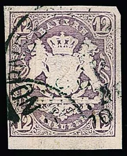 12 Kr. pourpre, défaut de plaque "coin supérieur droit biseauté", oblitéré pièce de choix, photo exp. Schmitt. Mi. 200,-