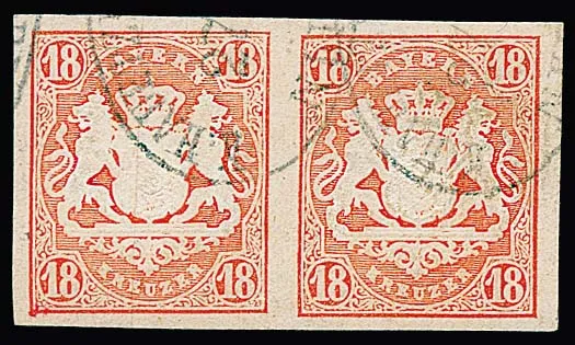 18 Kr. vermilion red, very wide horizontal superb pair with newspaper oval cancels of Nürnberg, signed Engel, Hartmann. Mi. 1200,-