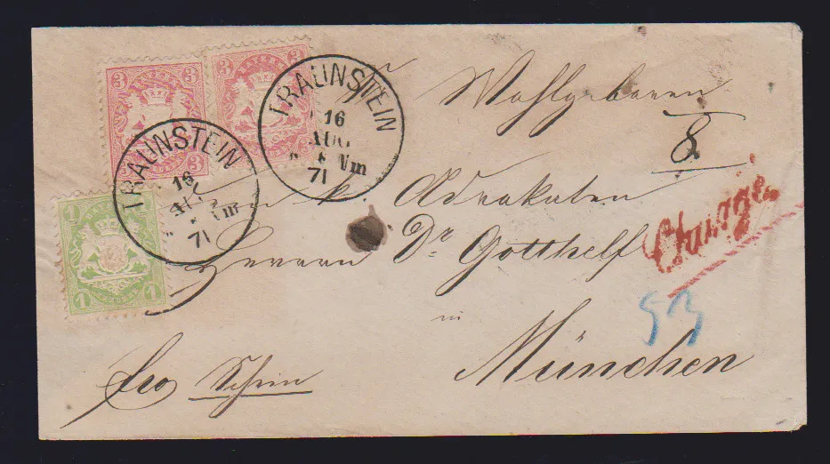 Zwei Briefvorderseiten und ein Couvert mit dekor. Kombinationen, einmal Chargé aus Passau mit 1 Kr. grün, 3 Kr. rosa (2) und 7 Kr. blau, ferner NN-Adresse mit…
