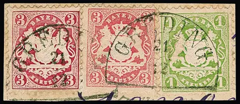 1 Kr. hellgrün und 3 Kr. rosa in wertgleicher Mischfrankatur mit 3 Kr. karminrosa, Wz. "Wellenlinien", auf Kabinettbriefstück mit HK "Greding", sign.…