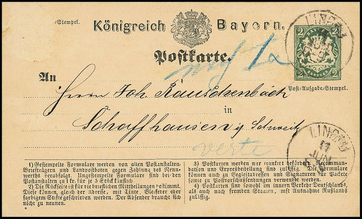 Carte entière 2 Kr. verte de Lindau (K1) 1874 envoyée à Schaffhouse/Suisse (rayon frontière), sous-affranchie de "1 X" et celle-ci encaissée en espèces