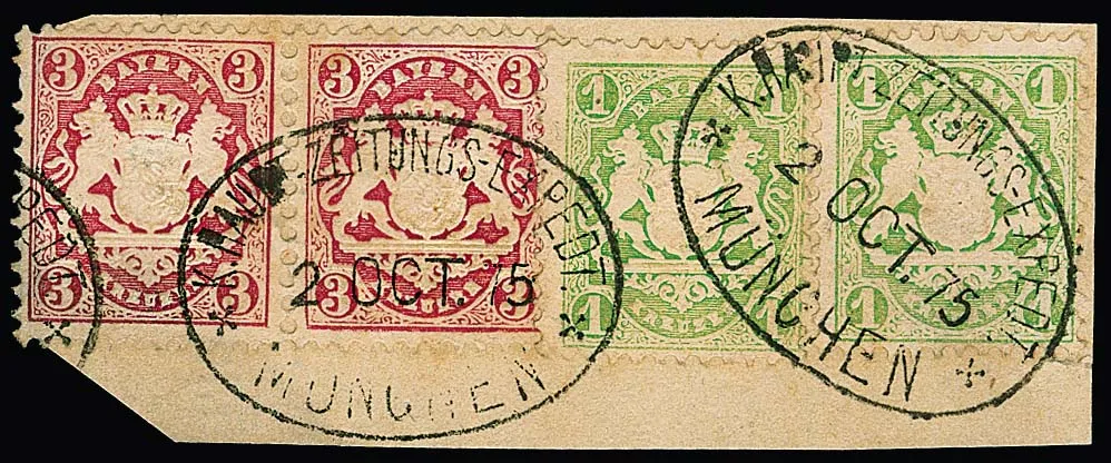 1 Kr. geelgroen in gelijkwaardige gemengde frankering met 1 Kr. matgroen, watermerk "golflijnen", en paar 3 Kr. roze, op briefstuk met krantenexpeditie-ovaalstempel van München, okt. 1875. Zeldzame combinatie, gesigneerd Pfenninger