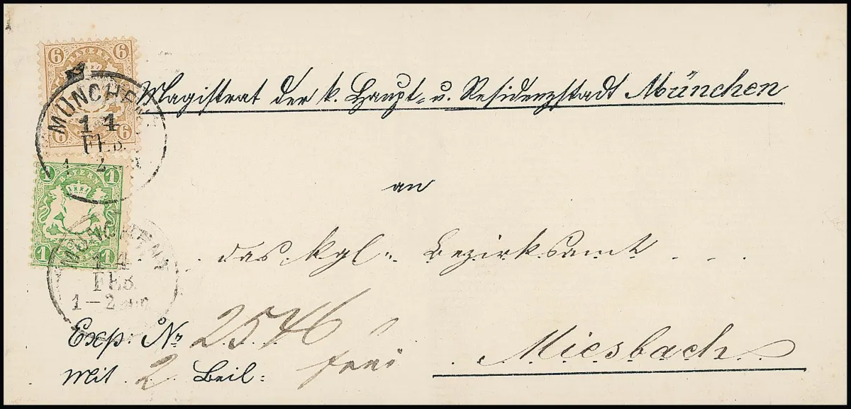 6 Kr. ockerbraun, Kabinettstück, nebst 1 Kr. grün (eckrund), auf frischem, teils vorgedrucktem Brief von München nach Miesbach