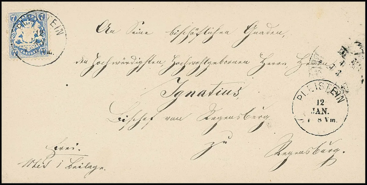 7 Kr. bleu sur lettre d'évêque de cabinet avec K1 "Pleistein" à l'évêque Ignatius à Regensburg, signé Brettl