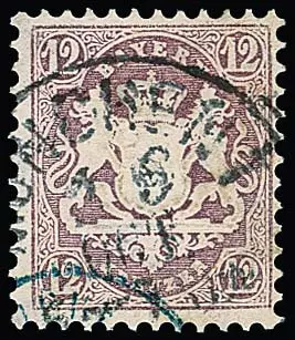 12 Kr. purpur, Kabinettstück mit K1 von München und Teil eines französischen Grenzübergangsstempels. Sign. Pfenninger (doppelt als gutes Y-Wasserzeichen) und…