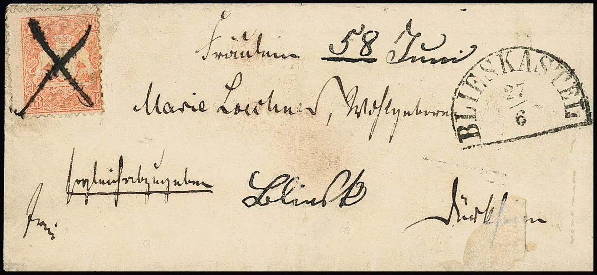 18 Kr. matt brick red ("eckrund") single with handwritten pen cross cancellation and secondary cancel "Blieskastel" on lady's cover (used condition) to Dürkheim, handwritten "Sogleich abzugeben", curiosity