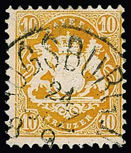 10 Kr. dark yellow, good watermark, cabinet piece with central cancellation K1 "Augsburg", signed Stegmüller. Mi. 500,-