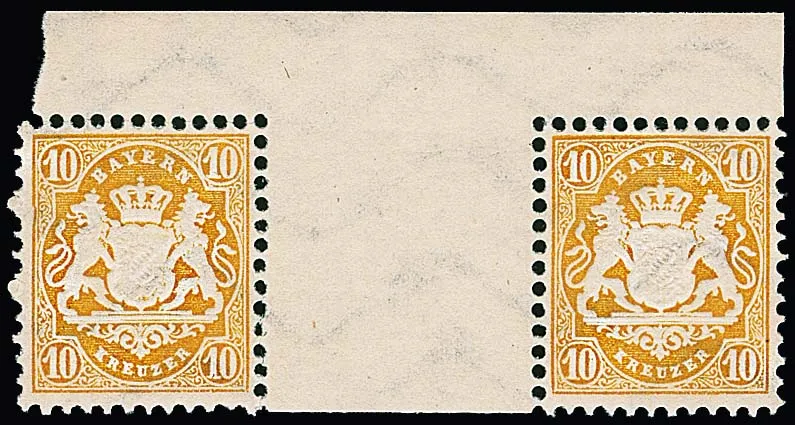 10 Kr. chroomgeel, onberispelijk postfris tussenstegpaar van de bovenrand. Mi. 1000,-