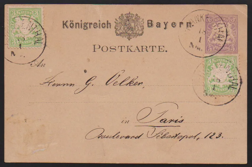 3 Pfg. vert-jaune en deux sur carte entière 5 Pfg. pourpre, de Frankenthal 1880 à Paris