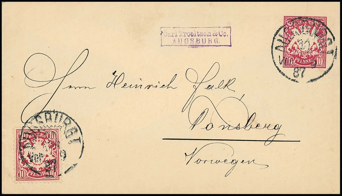 10 Pfg. lilas-rouge sur entier 10 Pfg., 1887 d'Augsbourg à Tönsberg/Norvège