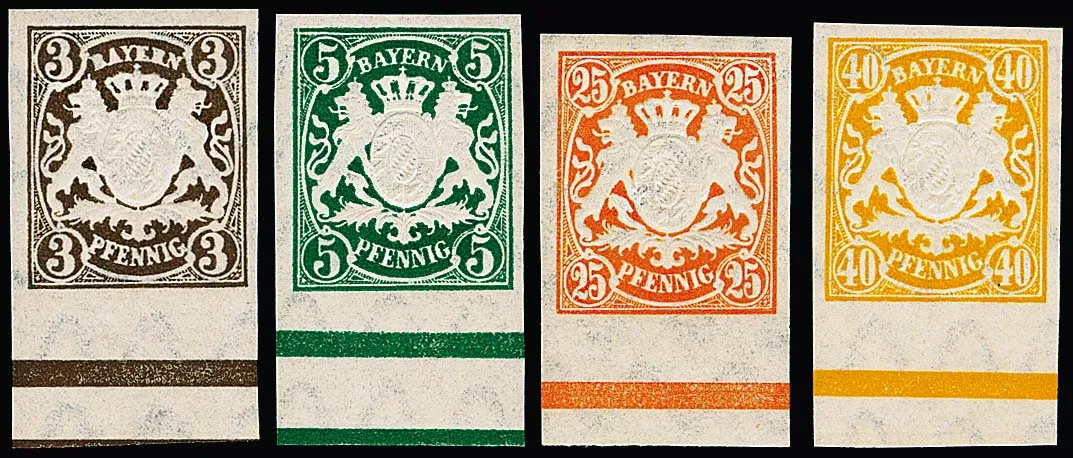 Coat of arms, 5 and 10 pf., as well as issues 1890, 3 to 50 pf., and 1900, 2 to 80 pf., each as imperforate mint never hinged bottom margin pieces, the 2 pf. somewhat discolored (could be remedied), Mi. 2190,-