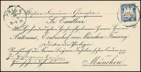 20 Pfg. blau auf Bischofsbrief an "Antonius Erzbischof von München-Freising" mit K1 "Prien" 1894 nach München