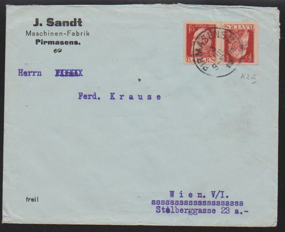 5 resp. 10 pf. Luitpold, paires tête-bêche chacune sur lettres de Pirmasens à Vienne. Mi. 190,-
