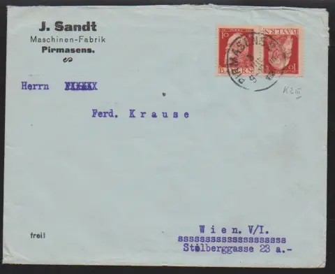 5 bzw. 10 Pfg. Luitpold, Kehrdrucke je auf Briefen von Pirmasens nach Wien. Mi. 190,-