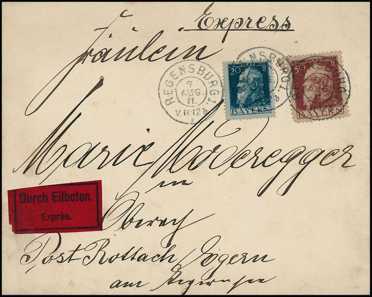 20 und 50 Pfg. Luitpold, letztere ein geringfügig verkürzter Eckzahn, auf seltenem Land-Expreßbrief 1911 von Regensburg in den Landbezirk von Rottach-Egern…