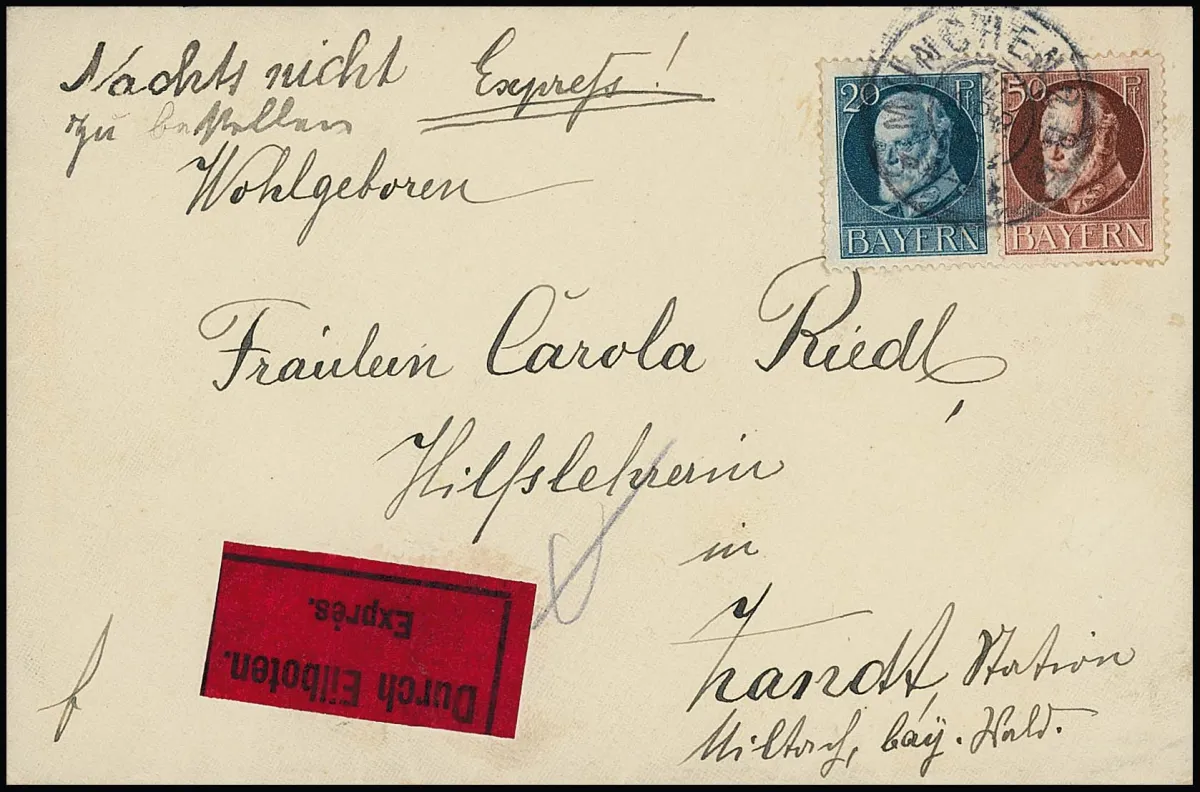 20 i 50 Pfg. Ludwig na rzadkim wiejskim liście ekspresowym z Monachium do Zandt, stacja Miltorf 1916, 10 Pfg. opłata pocztowa plus 60 Pfg. wiejski ekspres