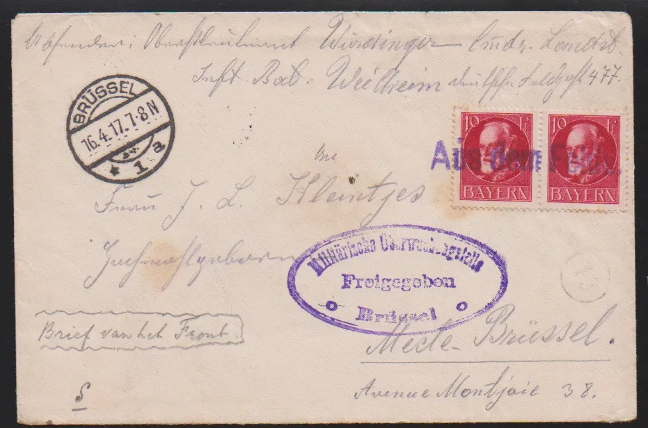 10 Pfg. Ludwig war print in pair (slightly gum-stained) on field post letter from Belgium, 16.4.17 (side stamp), with L1 '"Aus dem Felde" as letter from the front to Brussels with censorship