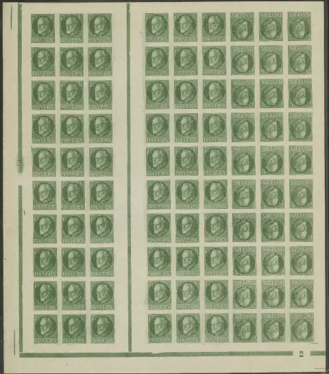 7 1/2 Pfg. Ludwig, geschnittener postfrischer Markenheftchenbogen 10B mit Walzen-Nummer "2". Mi. 550,-