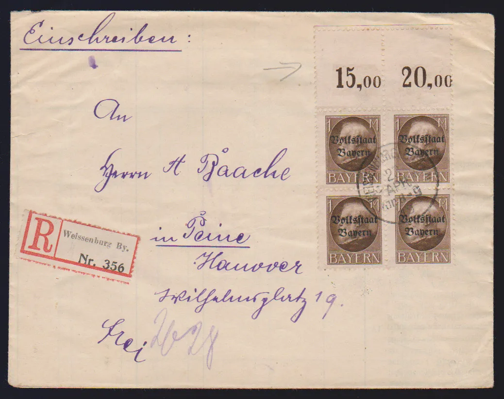 1 Mk. Ludwig-Volksstaat in upper margin block of four with two blank fields perforated on all sides on registered cover from Weissenburg