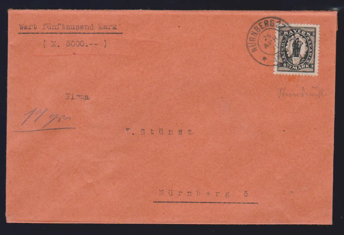 2 1/2 Mk. Bayern-Abschied, lithographic print, single on nearly postage-due local value letter from Nuremberg 1920