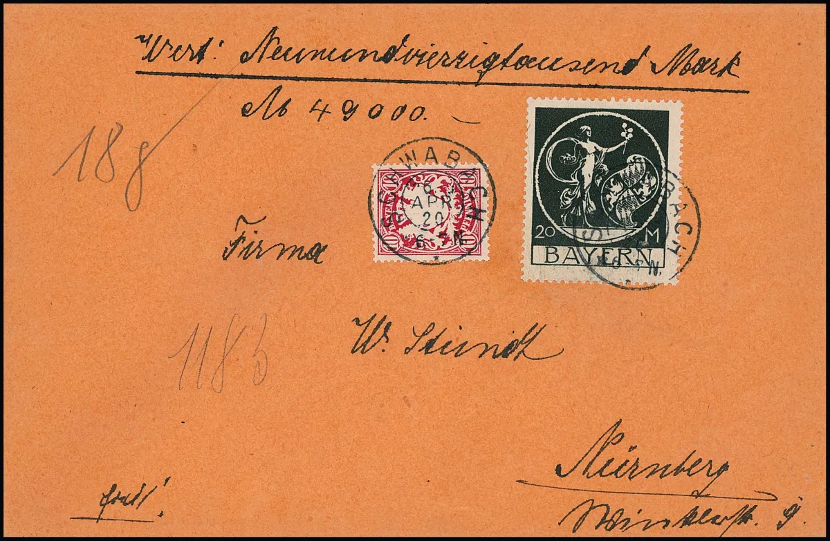 20 Mk. Bayern-Abschied, with 10 Pfg., on registered value letter from Schwabach (19.60 + 0.30 + 0.20, value 49000,-, 18gr.) 1920 to Nuremberg