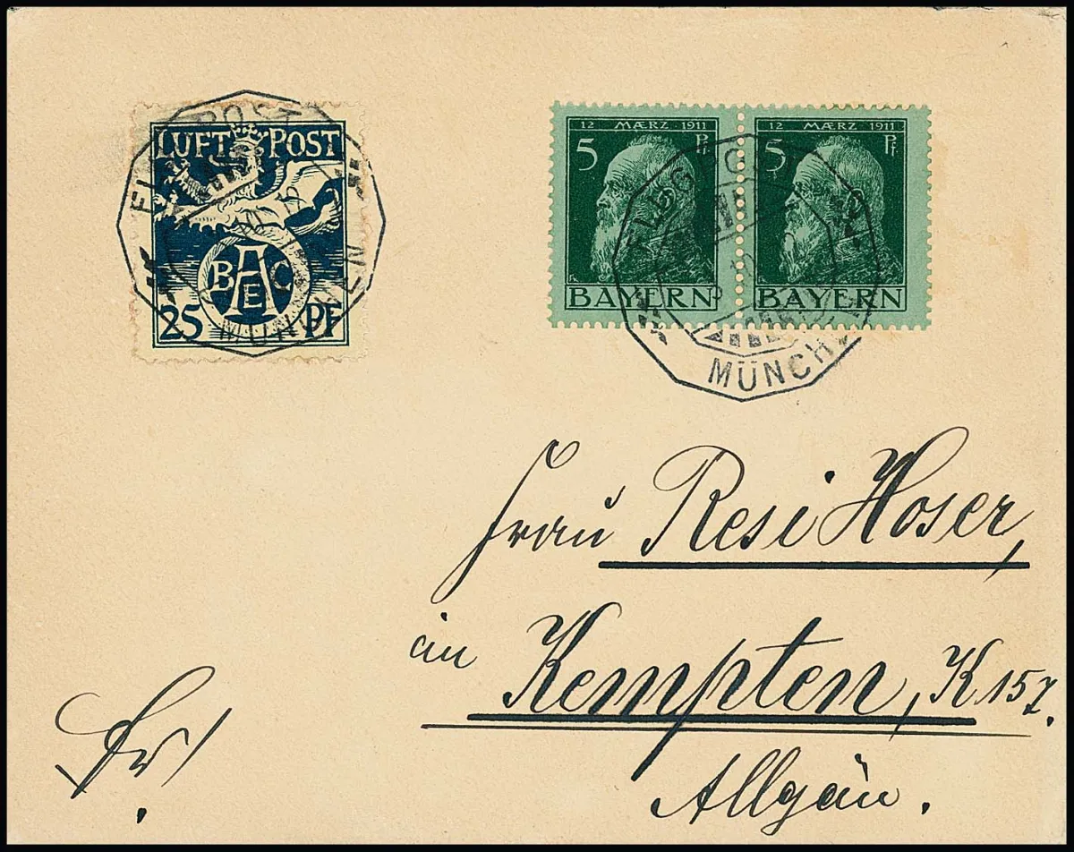 Poste aérienne 25 Pfg. avec paire horizontale Luitpold 5 Pfg. sur lettre impeccable circulée avec cachet de la poste "Flugpost München" pour Kempten, Mi. 500,-