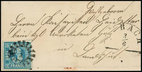 "1" gMR nebst HK "Abbach" klar auf Faltbrief mit breitrandiger 3 Kr. blau 1861 nach Landshut, Feuser 150,-