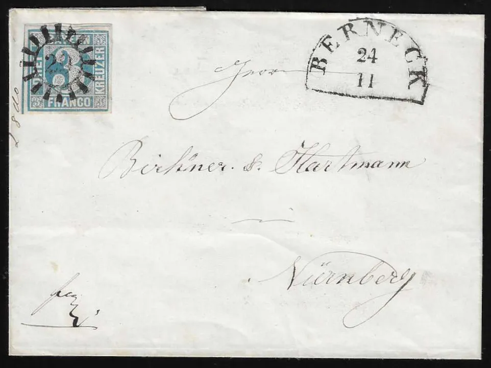 "29", gMR avec HK "Berneck" net sur lettre 3 Kr. bleu (petite compression de cachet), Feuser 150,-