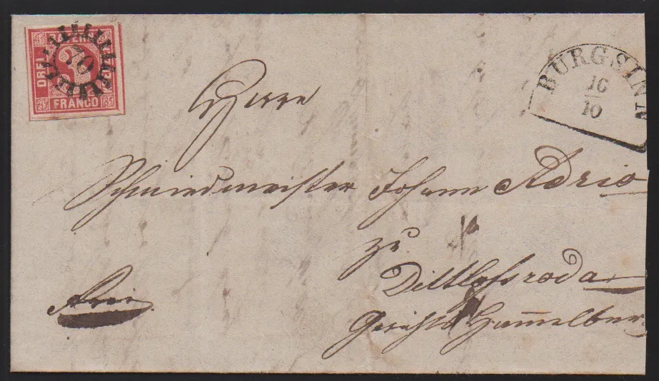 "70", gMR avec HK "Burgsinn" clair sur lettre pliée avec pièce de cabinet 3 Kr. carmin