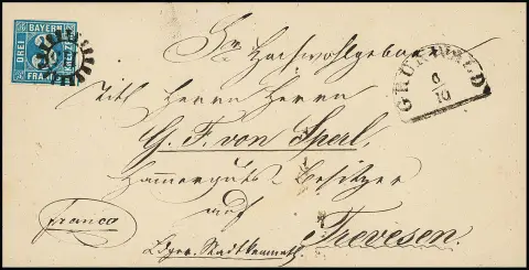 "115", gMR nebst HK "Grünwald" auf frischem Kabinett-Brief mit vollrandiger 3 Kr. blau 1853 nach Trevesen bei Kemnath