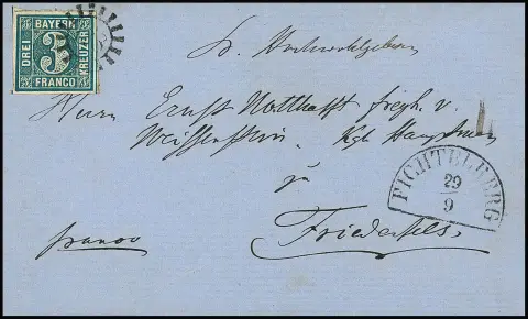 "128", gMR nebst HK "Fichtelberg", besserer Mühlradstempel auf Kabinett-Brief mit vollrandiger 3 Kr. blau 1860 nach Friedenfels