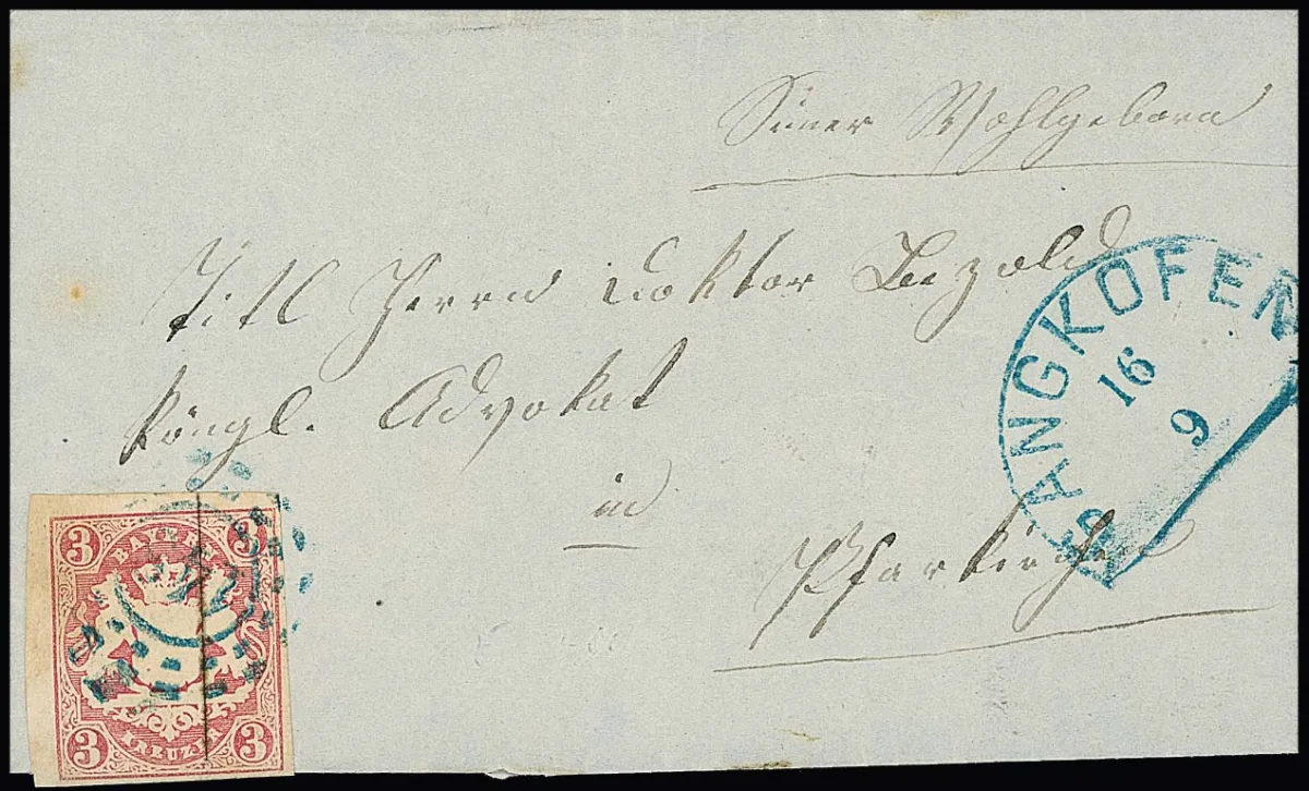 "148", oMR met HK "Gangkofen", elk in zeldzame blauwe kleur, op klein kabinetbriefje 3 Kr. roze