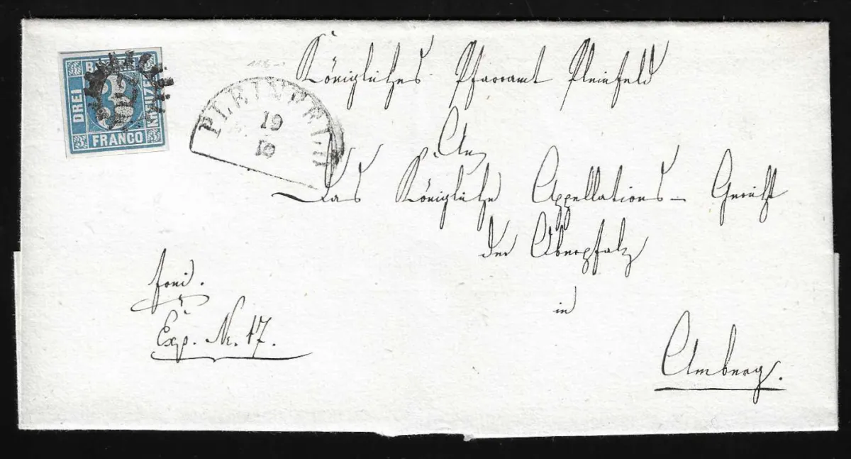 "270", gMR avec HK "Pleinfeld" sur lettre pliée avec 3 Kr. bleu, Pl. 2, 1852 pour Amberg, Feuser 180,-