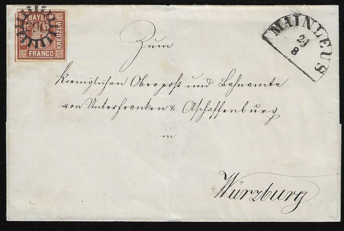 "296", gMR met HK "Mainleus" op kabinetsbrief met 6 Kr. bruin