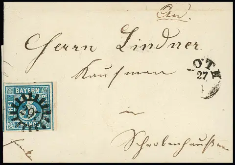 "297", gMR als Vorausentwertung, Fingerhut-K1 "Roth" nebengesetzt, auf Faltbriefchen 1853 mit perfekter 3 Kr. blau vom Bogenrand, nur wenige Belege bekannt,…