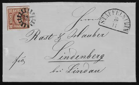 "327", gMR nebst HK "Staffelstein" klar auf Brief mit kleiner Kabinett-Bogenecke 6 Kr. braun, sign. Brettl