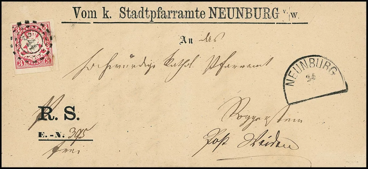"344", oMR avec HK "Neunburg v.W." net sur lettre, affaire gouvernementale préimprimée "Vom K. Stadtpfarramt Neunburg v.W.", avec pièce de choix 3 Kr. rose, Feuser 150,-