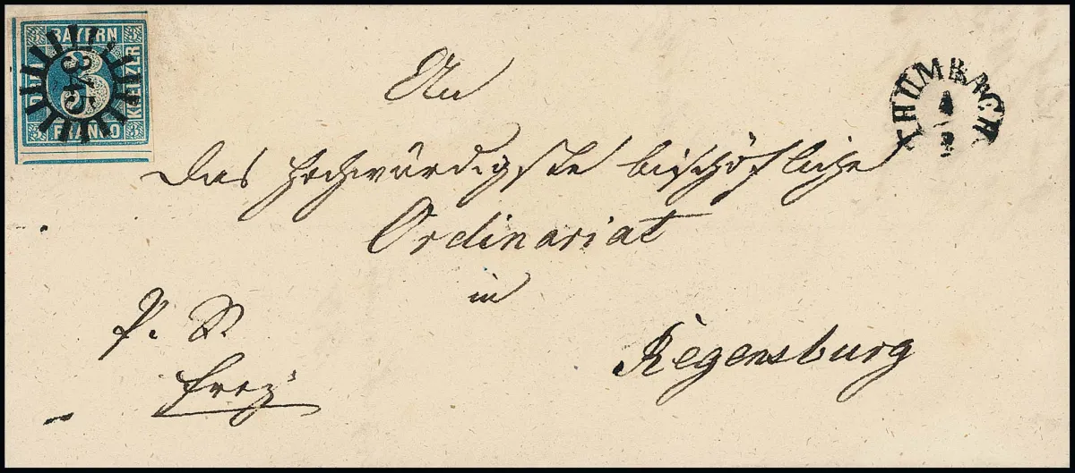 "345", gMR avec K1 "Thumbach" sur lettre d'ordinariat avec pièce de choix 3 Kr. bleu