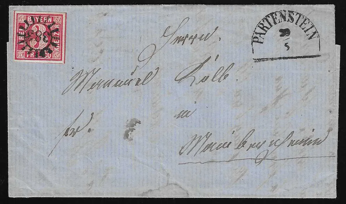 "383", gMR avec HK "Partenstein" sur lettre (en bas petites taches d'eau) avec pièce de choix 3 Kr. rouge
