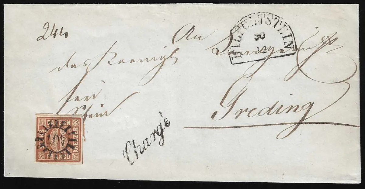 "407", gMR with HK "Hilpoltstein" and manuscript L1 "Chargé" on folded letter with full-margin 6 Kr. brown, Feuser 180,-