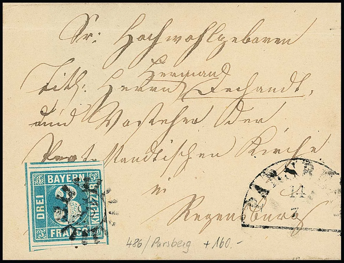 "486", gMR avec HK "Parsberg" sur lettre (dos incomplet) avec pièce de cabinet 3 Kr. bleu à bords larges