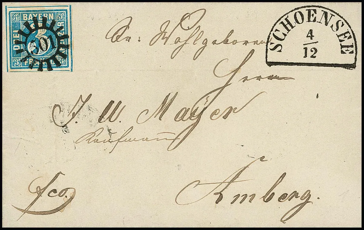 "501", gMR s HK "Schönsee" na složeném dopise s širokomarginálním 3 Kr. modrý 1854 do Amberg, Feuser 250,-