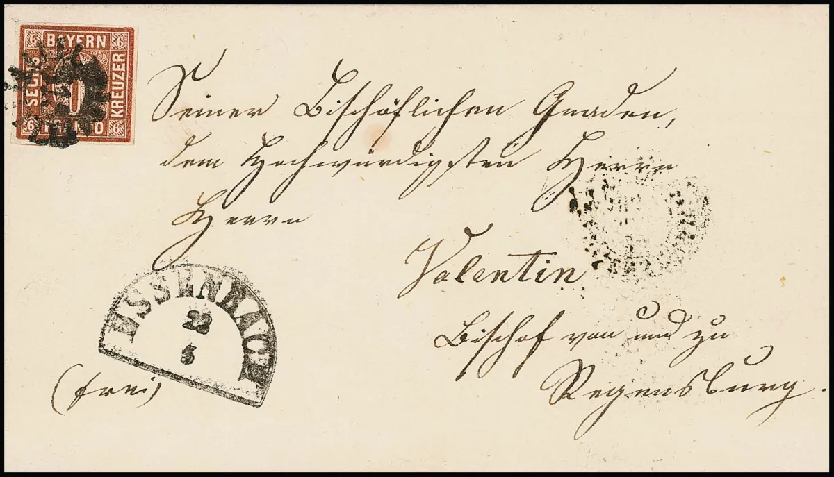 "515", gMR avec HK "Essenbach" sur lettre épiscopale magnifique ("Valentin") avec 6 Kr. brun à bords complets pour Regensburg, Feuser 300,-